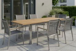 Discount Cardiff Garten-Essgruppe, silber/silbergrau, Edelstahl/recyceltes Teak, Tisch 200/260 x 100 cm, 6 Stapelsessel, FSC®-zertifiziertes Produkt Garten-Essgruppen|Edelstahl-Gartenmöbel