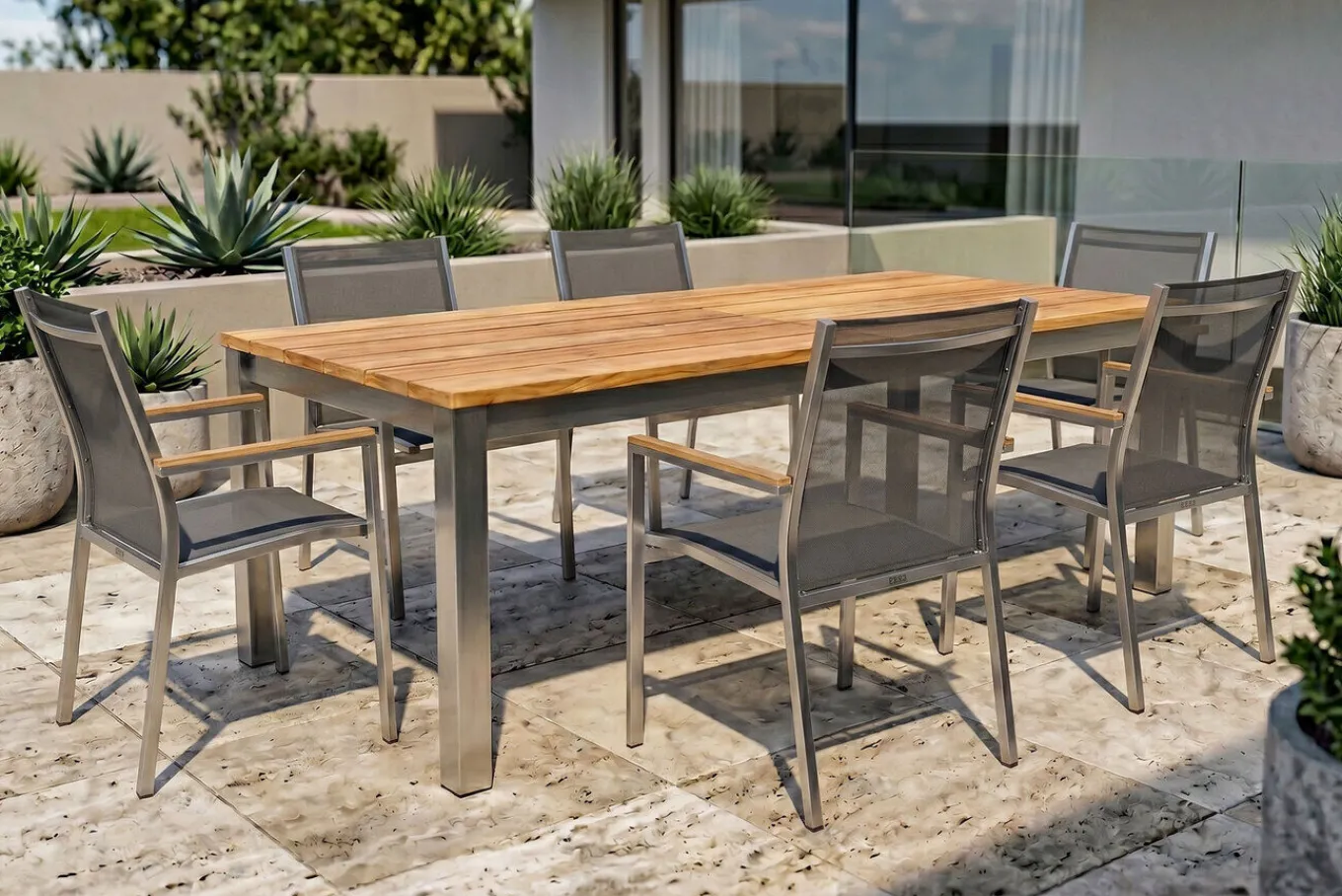Outlet Cardiff Garten-Essgruppe, silber/silbergrau, Edelstahl/Teak, Tisch 220/340 x 100 cm, 6 Stapelsessel, FSC®-zertifiziertes Produkt Garten-Essgruppen