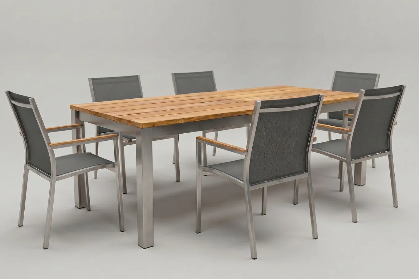 Outlet Cardiff Garten-Essgruppe, silber/silbergrau, Edelstahl/Teak, Tisch 220/340 x 100 cm, 6 Stapelsessel, FSC®-zertifiziertes Produkt Garten-Essgruppen