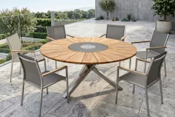 Clearance Cardiff Garten-Essgruppe, silber/silbergrau, Edelstahl/Teak, Tisch Ø 170 cm, 6 Stapelsessel, FSC®-zertifiziertes Produkt Garten-Essgruppen