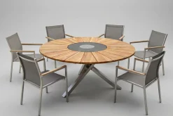 Clearance Cardiff Garten-Essgruppe, silber/silbergrau, Edelstahl/Teak, Tisch Ø 170 cm, 6 Stapelsessel, FSC®-zertifiziertes Produkt Garten-Essgruppen