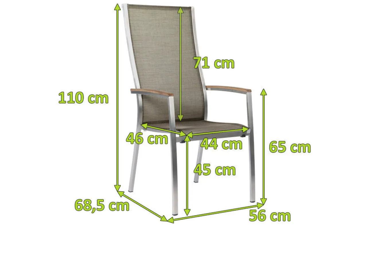 Discount Cardiff Stapelsessel, silber/taupe, Edelstahl/Textil/Armlehnen aus Teak, 68,5x56x110 cm, stapelbar Edelstahl-Gartenmöbel|Gartenstühle & Gartensessel
