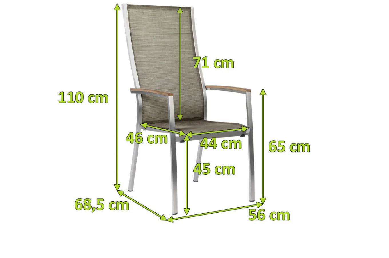 Discount Cardiff Stapelsessel, silber/taupe, Edelstahl/Textil/Armlehnen aus Teak, 68,5x56x110 cm, stapelbar Edelstahl-Gartenmöbel|Gartenstühle & Gartensessel