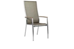 Discount Cardiff Stapelsessel, silber/taupe, Edelstahl/Textil/Armlehnen aus Teak, 68,5x56x110 cm, stapelbar Edelstahl-Gartenmöbel|Gartenstühle & Gartensessel