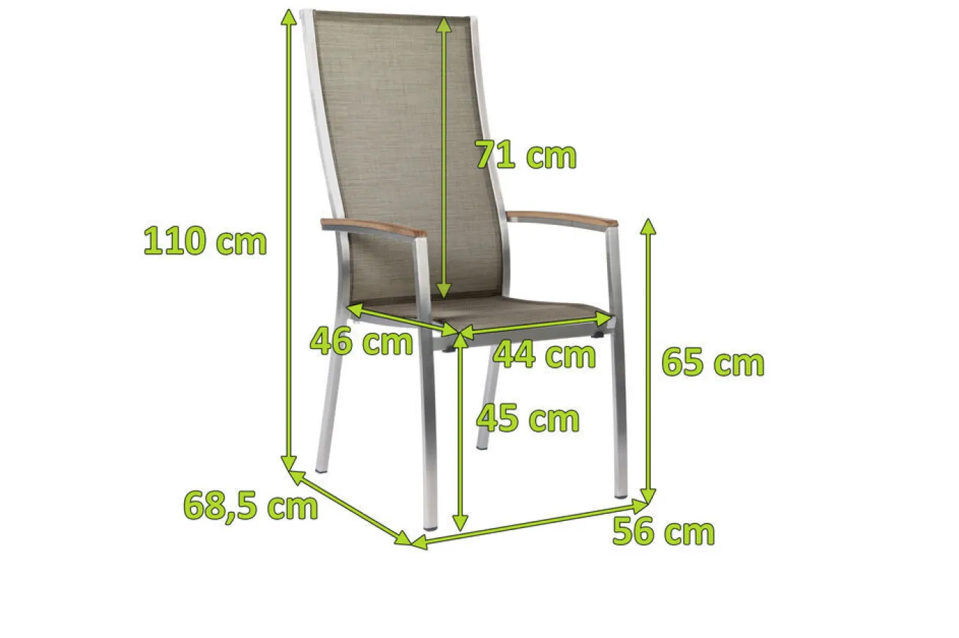 Discount Cardiff Stapelsessel, silber/taupe, Edelstahl/Textil/Armlehnen aus Teak, 68,5x56x110 cm, stapelbar Edelstahl-Gartenmöbel|Gartenstühle & Gartensessel