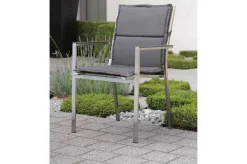 Online Garten-Essgruppe, silber/grau, Edelstahl/Textil/Alu/Glaskeramik, Tisch Ø150cm, 5 Stapelsessel Garten-Essgruppen