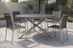 Online Garten-Essgruppe, silber/grau, Edelstahl/Textil/Alu/Glaskeramik, Tisch Ø150cm, 5 Stapelsessel Garten-Essgruppen
