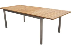 Outlet Polaris Garten-Essgruppe, silbergrau, Edelstahl/Teak, Tisch 200/300 x 100 cm, 6 Stapelsessel, FSC®-zertifiziertes Produkt Garten-Essgruppen