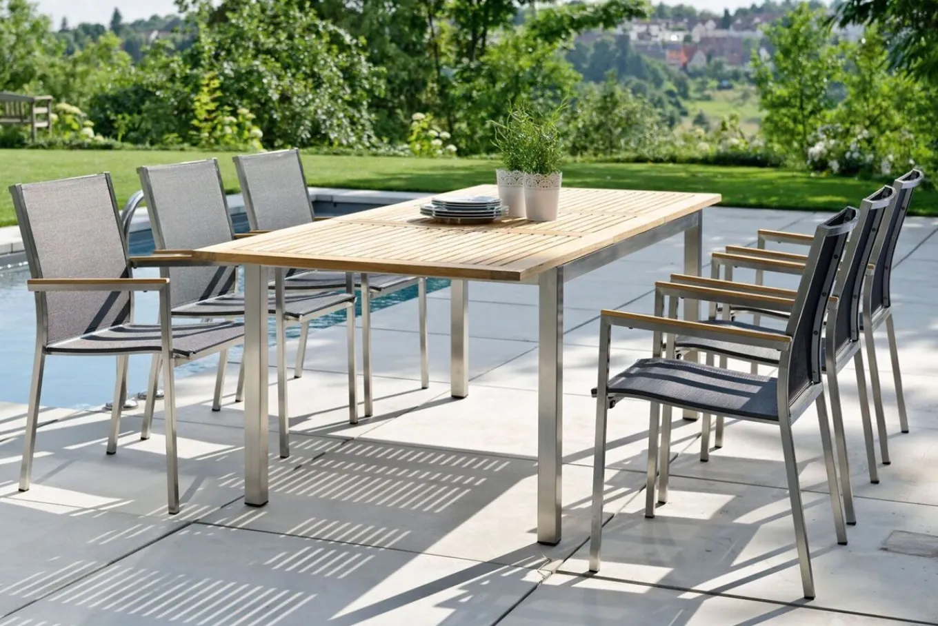 Hot Polaris Stapelsessel, silbergrau, Edelstahl/Textilene, mit Teak Armlehnen Edelstahl-Gartenmöbel|Gartenstühle & Gartensessel