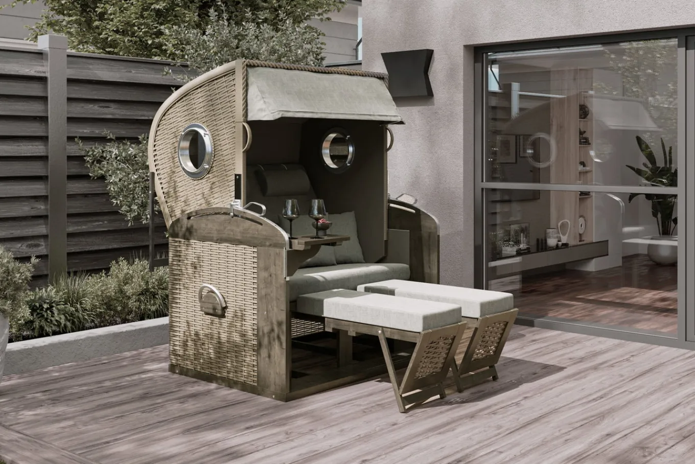 New Rustikal 305 Z Comfort XL Strandkorb, 2-Sitzer, Liegemodell, Pinienholz/PE-Geflecht, inkl. Kissengarnitur Strandkorb