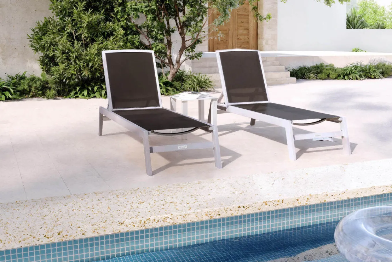 Online 2er-Set Sonnenliegen, silber/schwarz, Alu/Textil, 198x66x32cm, mit Beistelltisch 45x45cm Gartenliegen