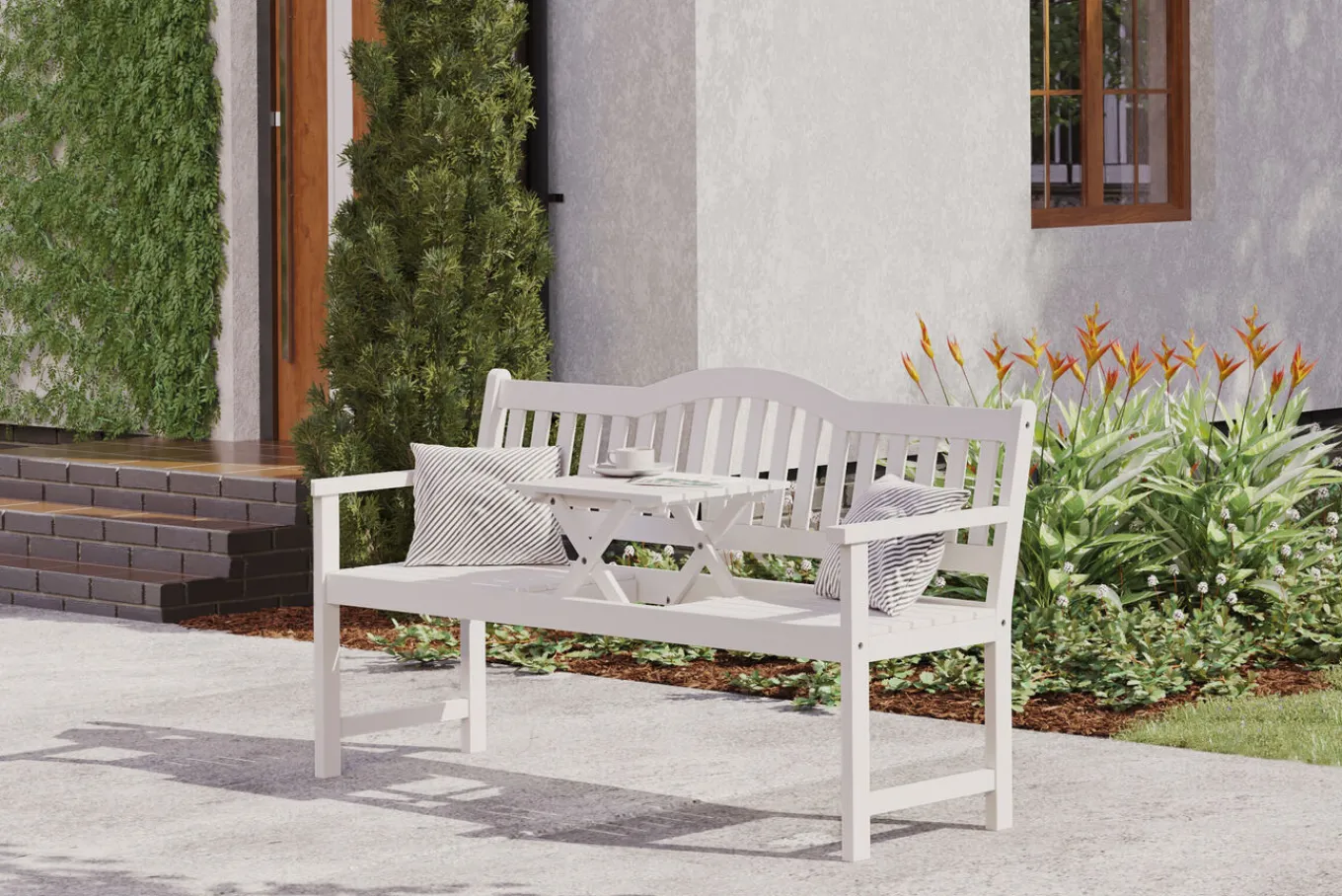 Discount Gartenbank, weiß, Akazie, 152 x 59 x 86 cm, 2-3 Personen, Klapptisch-Funktion, FSC®-zertifiziertes Produkt Gartenbänke & Gartensofas