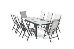Clearance Garten-Essgruppe, anthrazit/grau, Alu/Textil, Tisch 160 x 220 cm, 8 Klappstühle Garten-Essgruppen