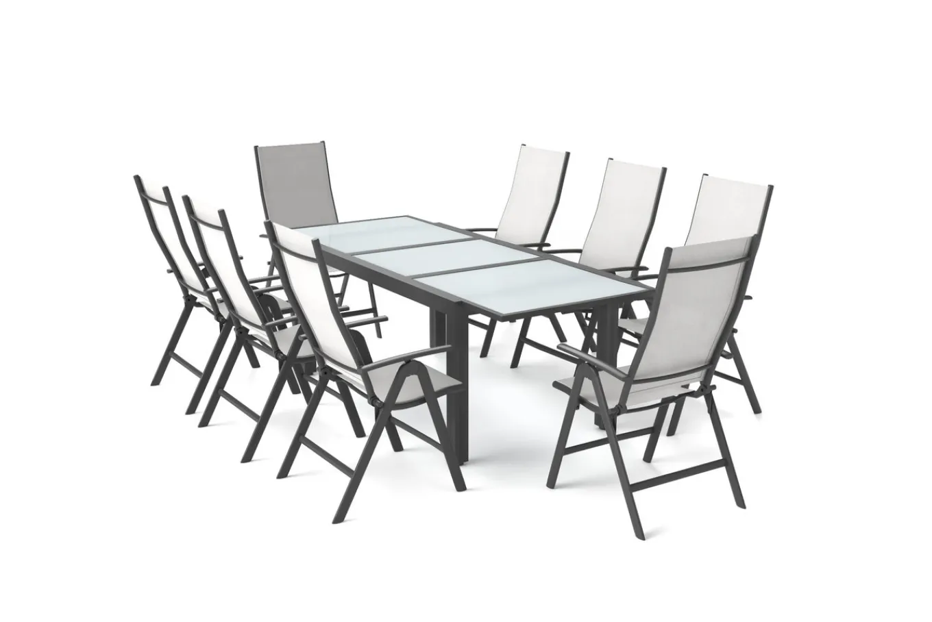 Clearance Garten-Essgruppe, anthrazit/grau, Alu/Textil, Tisch 160 x 220 cm, 8 Klappstühle Garten-Essgruppen