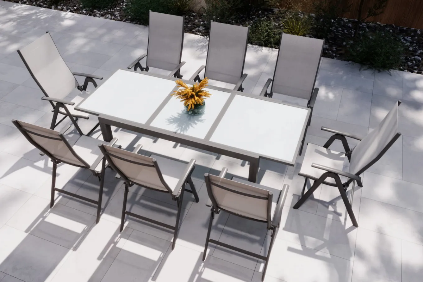 Clearance Garten-Essgruppe, anthrazit/grau, Alu/Textil, Tisch 160 x 220 cm, 8 Klappstühle Garten-Essgruppen