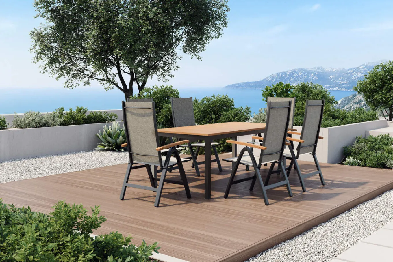 Discount Garten-Essgruppe, anthrazit/naturbelassen, Alu/Eukalyptus/Textilgewebe, Esstisch 180 x 90 cm, 6 Klappstühle, FSC®-zertifiziertes Produkt Garten-Essgruppen|Aluminium-Gartenmöbel
