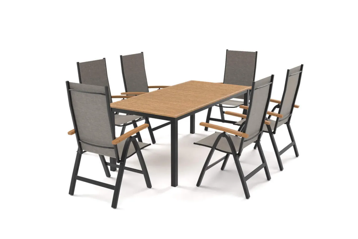 Discount Garten-Essgruppe, anthrazit/naturbelassen, Alu/Eukalyptus/Textilgewebe, Esstisch 180 x 90 cm, 6 Klappstühle, FSC®-zertifiziertes Produkt Garten-Essgruppen|Aluminium-Gartenmöbel