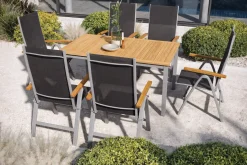 Sale Garten-Essgruppe mit 6 Klappstühlen, silber, Alu/Eukalyptus, ausziehbarer Tisch 150/200 x 90 cm, FSC®-zertifiziertes Produkt Garten-Essgruppen|Aluminium-Gartenmöbel