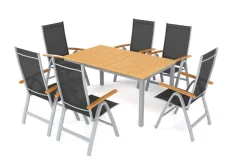 Sale Garten-Essgruppe mit 6 Klappstühlen, silber, Alu/Eukalyptus, ausziehbarer Tisch 150/200 x 90 cm, FSC®-zertifiziertes Produkt Garten-Essgruppen|Aluminium-Gartenmöbel