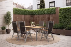 Sale Garten-Essgruppe mit 6 Klappstühlen, silber, Alu/Eukalyptus, ausziehbarer Tisch 150/200 x 90 cm, FSC®-zertifiziertes Produkt Garten-Essgruppen|Aluminium-Gartenmöbel