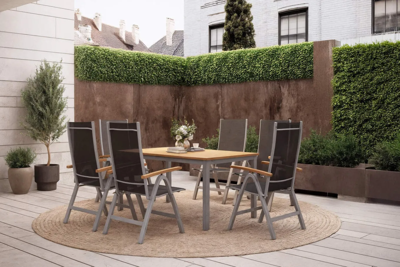 Sale Garten-Essgruppe mit 6 Klappstühlen, silber, Alu/Eukalyptus, ausziehbarer Tisch 150/200 x 90 cm, FSC®-zertifiziertes Produkt Garten-Essgruppen|Aluminium-Gartenmöbel