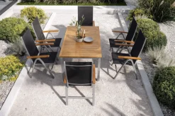 Sale Garten-Essgruppe mit 6 Klappstühlen, silber, Alu/Eukalyptus, ausziehbarer Tisch 150/200 x 90 cm, FSC®-zertifiziertes Produkt Garten-Essgruppen|Aluminium-Gartenmöbel