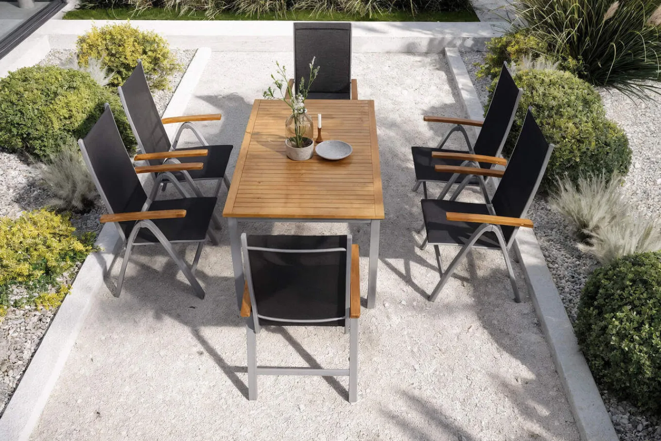 Sale Garten-Essgruppe mit 6 Klappstühlen, silber, Alu/Eukalyptus, ausziehbarer Tisch 150/200 x 90 cm, FSC®-zertifiziertes Produkt Garten-Essgruppen|Aluminium-Gartenmöbel