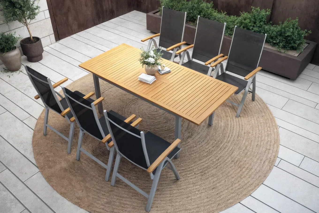 Sale Garten-Essgruppe mit 6 Klappstühlen, silber, Alu/Eukalyptus, ausziehbarer Tisch 150/200 x 90 cm, FSC®-zertifiziertes Produkt Garten-Essgruppen|Aluminium-Gartenmöbel