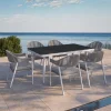 Discount Garten-Essgruppe mit 6 Stapelstühlen, matt weiß/grau, Alu/Polyester, Esstisch 155 x 90 cm Garten-Essgruppen|Aluminium-Gartenmöbel