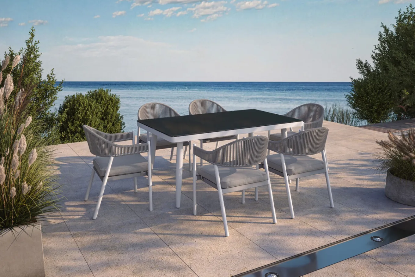 Discount Garten-Essgruppe mit 6 Stapelstühlen, matt weiß/grau, Alu/Polyester, Esstisch 155 x 90 cm Garten-Essgruppen|Aluminium-Gartenmöbel