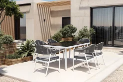 Discount Garten-Essgruppe mit 6 Stapelstühlen, matt weiß/grau, Alu/Polyester, Esstisch 155 x 90 cm Garten-Essgruppen|Aluminium-Gartenmöbel