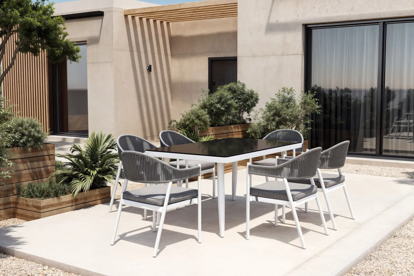 Discount Garten-Essgruppe mit 6 Stapelstühlen, matt weiß/grau, Alu/Polyester, Esstisch 155 x 90 cm Garten-Essgruppen|Aluminium-Gartenmöbel