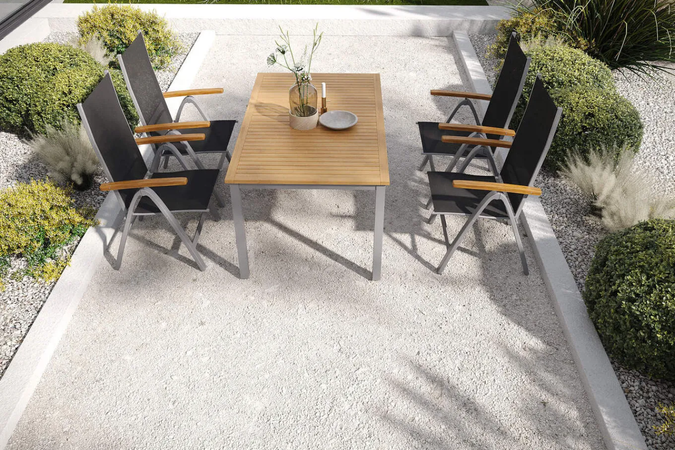 New Garten-Essgruppe mit 4 Klappstühlen, silber, Alu/Eukalyptus, ausziehbarer Tisch 150/200 x 90 cm, FSC®-zertifiziertes Produkt Garten-Essgruppen|Aluminium-Gartenmöbel