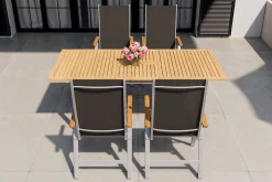 New Garten-Essgruppe mit 4 Klappstühlen, silber, Alu/Eukalyptus, ausziehbarer Tisch 150/200 x 90 cm, FSC®-zertifiziertes Produkt Garten-Essgruppen|Aluminium-Gartenmöbel