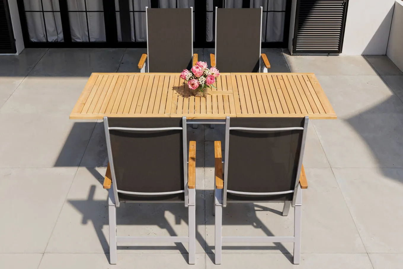 New Garten-Essgruppe mit 4 Klappstühlen, silber, Alu/Eukalyptus, ausziehbarer Tisch 150/200 x 90 cm, FSC®-zertifiziertes Produkt Garten-Essgruppen|Aluminium-Gartenmöbel