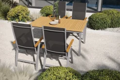 New Garten-Essgruppe mit 4 Klappstühlen, silber, Alu/Eukalyptus, ausziehbarer Tisch 150/200 x 90 cm, FSC®-zertifiziertes Produkt Garten-Essgruppen|Aluminium-Gartenmöbel