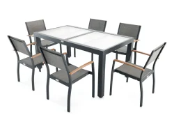 Outlet Garten-Essgruppe mit 6 Sesseln, anthrazit/grau, Alu/Glas, Tisch ca. 160/220 x 90 cm, ausziehbar, witterungsbeständig, FSC®-zertifiziertes Produkt Garten-Essgruppen|Aluminium-Gartenmöbel