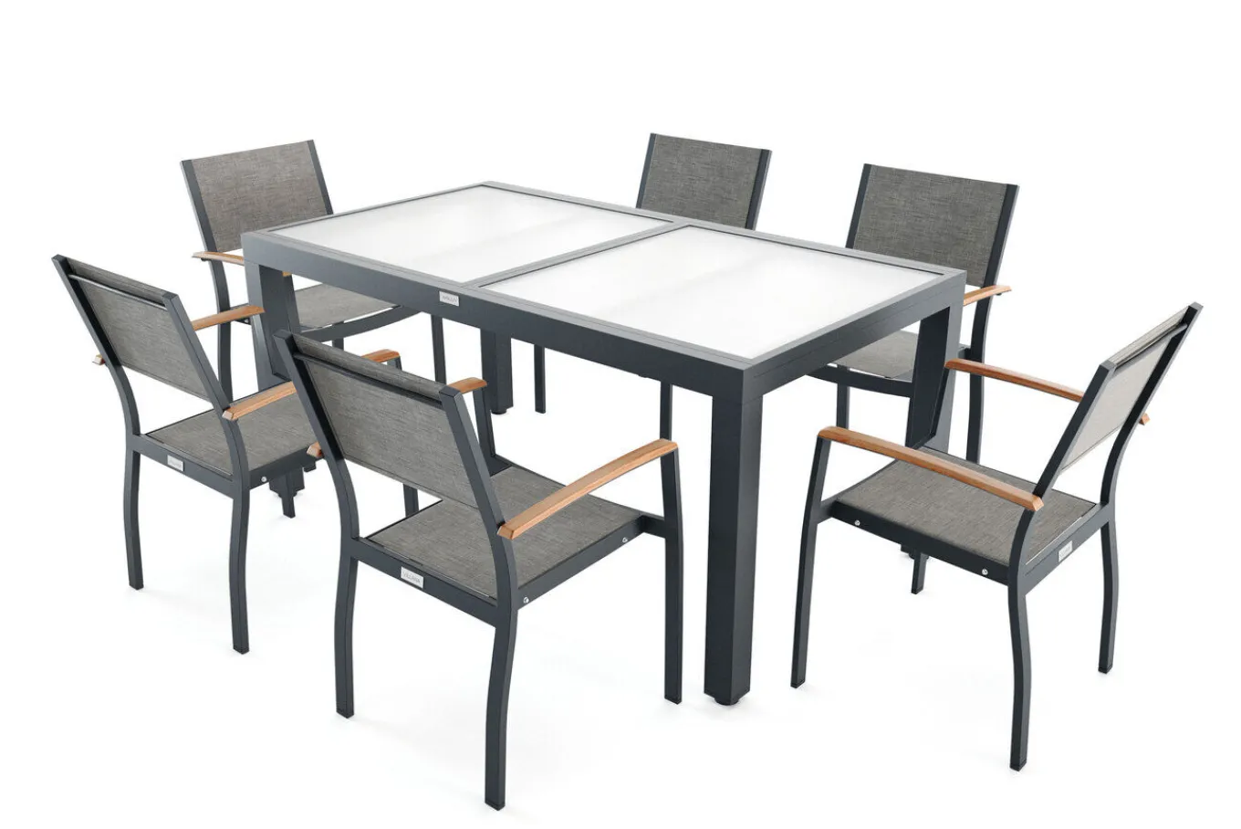 Outlet Garten-Essgruppe mit 6 Sesseln, anthrazit/grau, Alu/Glas, Tisch ca. 160/220 x 90 cm, ausziehbar, witterungsbeständig, FSC®-zertifiziertes Produkt Garten-Essgruppen|Aluminium-Gartenmöbel