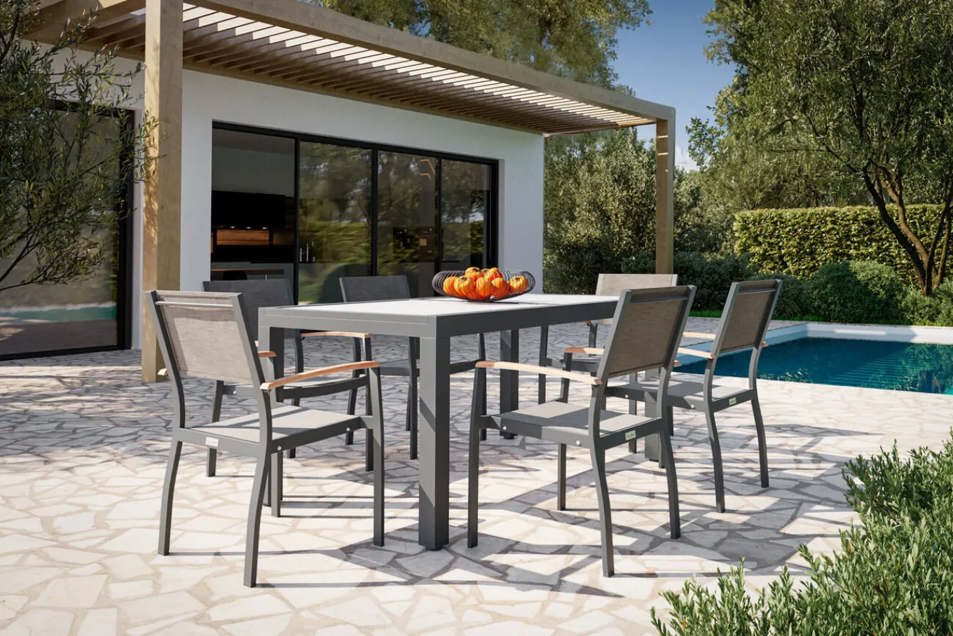 Outlet Garten-Essgruppe mit 6 Sesseln, anthrazit/grau, Alu/Glas, Tisch ca. 160/220 x 90 cm, ausziehbar, witterungsbeständig, FSC®-zertifiziertes Produkt Garten-Essgruppen|Aluminium-Gartenmöbel