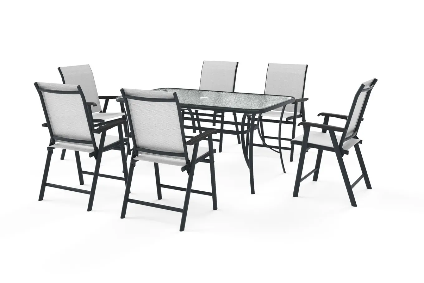 Sale Garten-Essgruppe mit 6 Klappstühlen, schwarz, Stahl/Textilene, Esstisch 150 x 90 cm Stahl-Gartenmöbel|Garten-Essgruppen