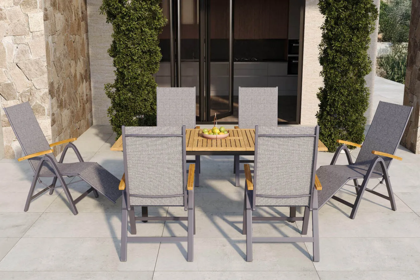 Sale Garten-Essgruppe, naturbelassen/anthrazit, Alu/Eukalyptus, Tisch 150/200 x 90 cm, 6 Sitzplätze, ausziehbar, FSC®-zertifiziertes Produkt Garten-Essgruppen|Aluminium-Gartenmöbel