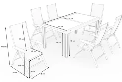 Garten-Essgruppe, 6 Personen, ausziehbarer Tisch 160–220 cm, Aluminium/Glas/Eukalyptus Garten-Essgruppen|Aluminium-Gartenmöbel