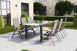 Garten-Essgruppe, 6 Personen, ausziehbarer Tisch 160–220 cm, Aluminium/Glas/Eukalyptus Garten-Essgruppen|Aluminium-Gartenmöbel