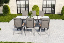 Garten-Essgruppe, 6 Personen, ausziehbarer Tisch 160–220 cm, Aluminium/Glas/Eukalyptus Garten-Essgruppen|Aluminium-Gartenmöbel