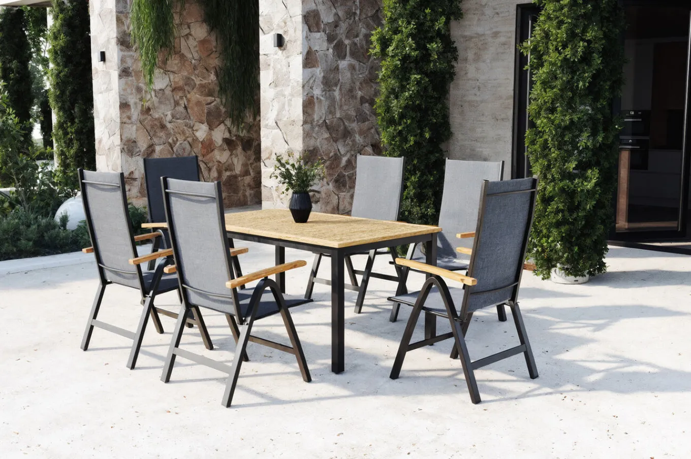 Garten-Essgruppe, 6 Personen, ausziehbarer Tisch 150–200 cm, Aluminium /Eukalyptusholz FSC®-zertifiziert Garten-Essgruppen|Aluminium-Gartenmöbel