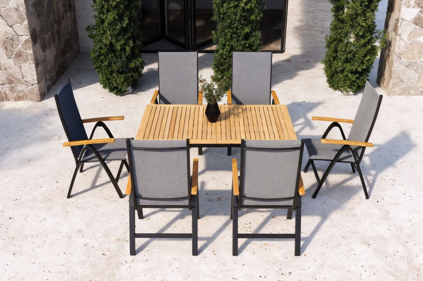 Garten-Essgruppe, 6 Personen, ausziehbarer Tisch 150–200 cm, Aluminium /Eukalyptusholz FSC®-zertifiziert Garten-Essgruppen|Aluminium-Gartenmöbel