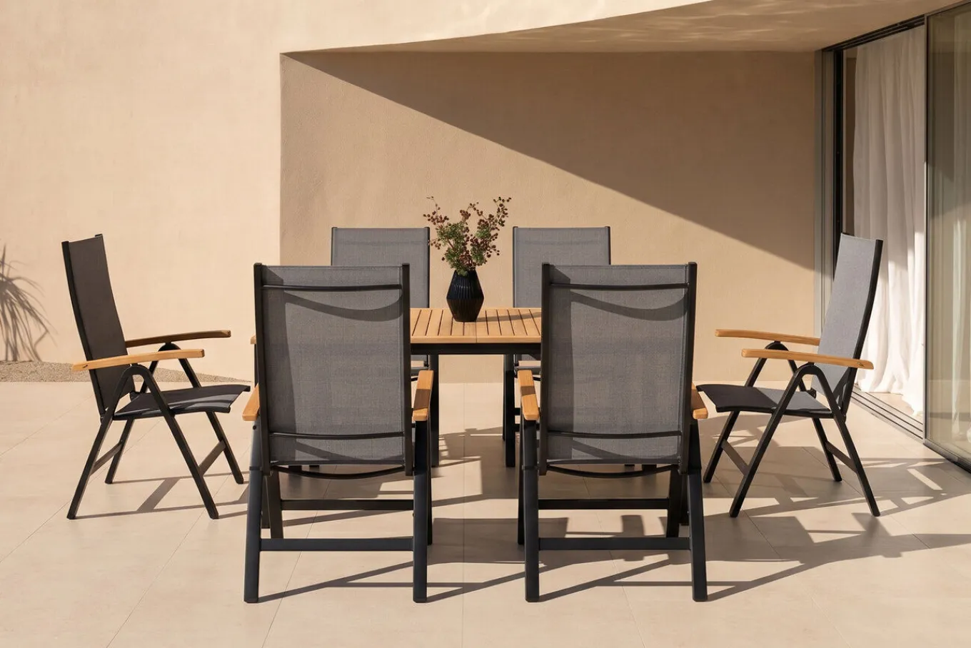 Garten-Essgruppe, 6 Personen, ausziehbarer Tisch 150–200 cm, Aluminium /Eukalyptusholz FSC®-zertifiziert Garten-Essgruppen|Aluminium-Gartenmöbel