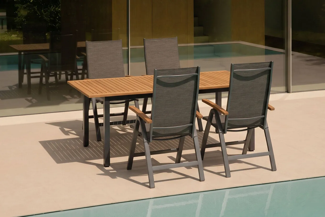 Garten-Essgruppe, schwarz/grau, Aluminium/Eukalyptus, Tisch 150/200 x 90 cm, 4 Klappstühle, robust, ausziehbar, witterungsbeständig, FSC®-zertifiziertes Produkt Garten-Essgruppen|Aluminium-Gartenmöbel