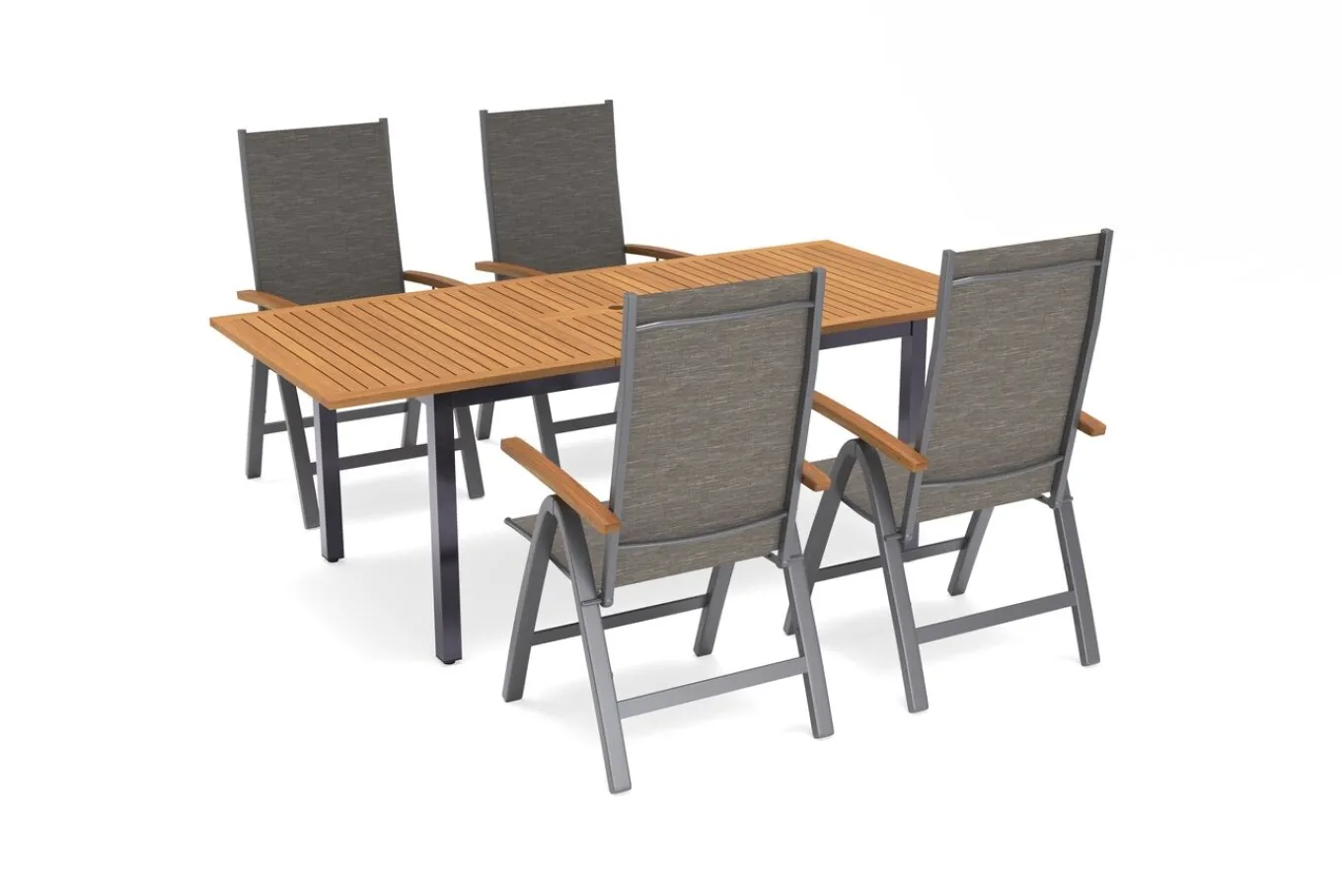 Garten-Essgruppe, schwarz/grau, Aluminium/Eukalyptus, Tisch 150/200 x 90 cm, 4 Klappstühle, robust, ausziehbar, witterungsbeständig, FSC®-zertifiziertes Produkt Garten-Essgruppen|Aluminium-Gartenmöbel