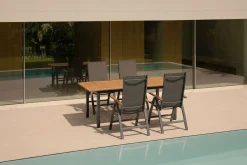 Garten-Essgruppe, schwarz/grau, Aluminium/Eukalyptus, Tisch 150/200 x 90 cm, 4 Klappstühle, robust, ausziehbar, witterungsbeständig, FSC®-zertifiziertes Produkt Garten-Essgruppen|Aluminium-Gartenmöbel